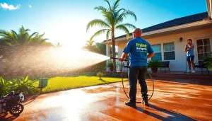 Pressure wash team revitalizing a home's exterior in Kissimmee, FL, showcasing professional cleaning services.