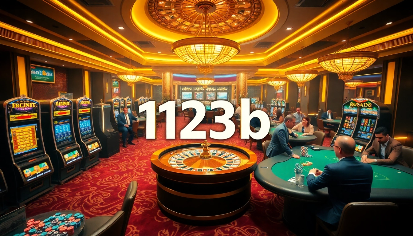 Exciting casino scene with players gambling at tables, showcasing 123b gaming experiences.