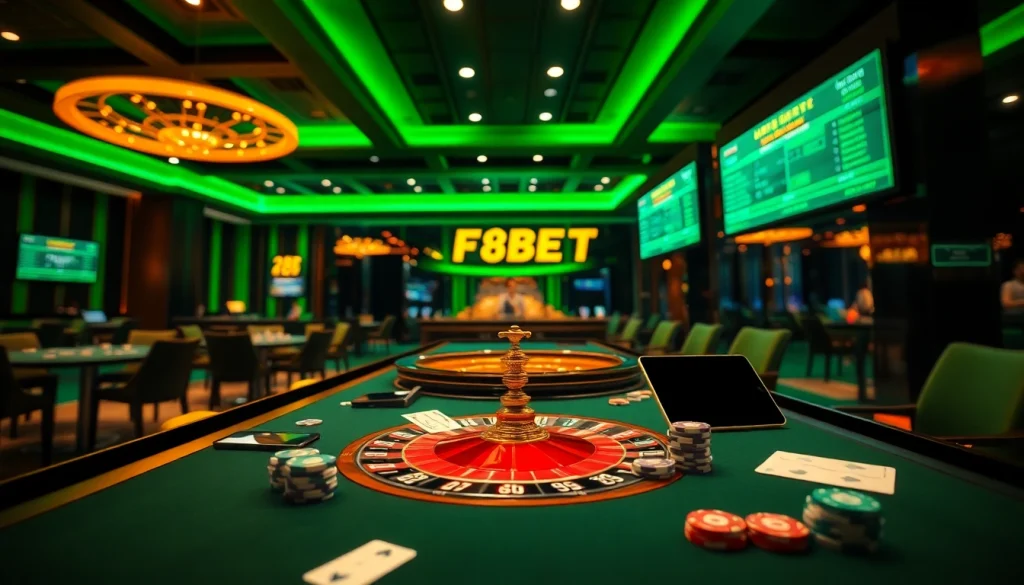 Experience the thrill of F8BET online gambling with vibrant casino visuals and modern gaming setups.