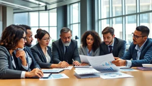 Analyze competitive intelligence with a team strategizing during a meeting in a bright office.