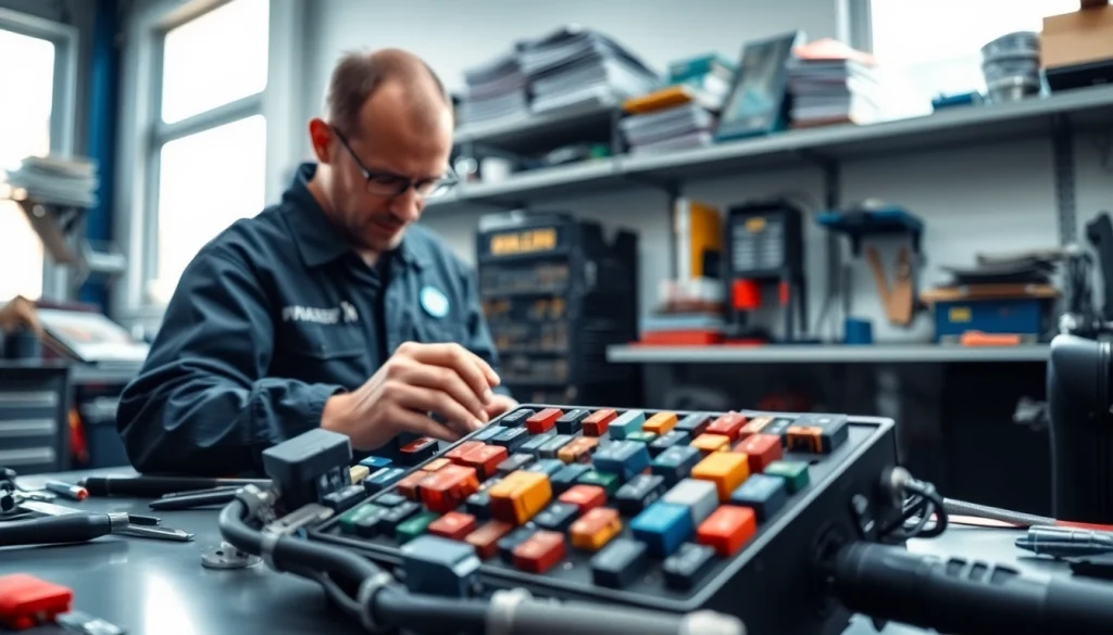 Inspecting a detailed fuse box and schematics at https://bezpieczniki24.pl automotive workshop.