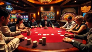 Engaging casino atmosphere with poker players and vibrant slot machines at https://www.qq8886.com/.