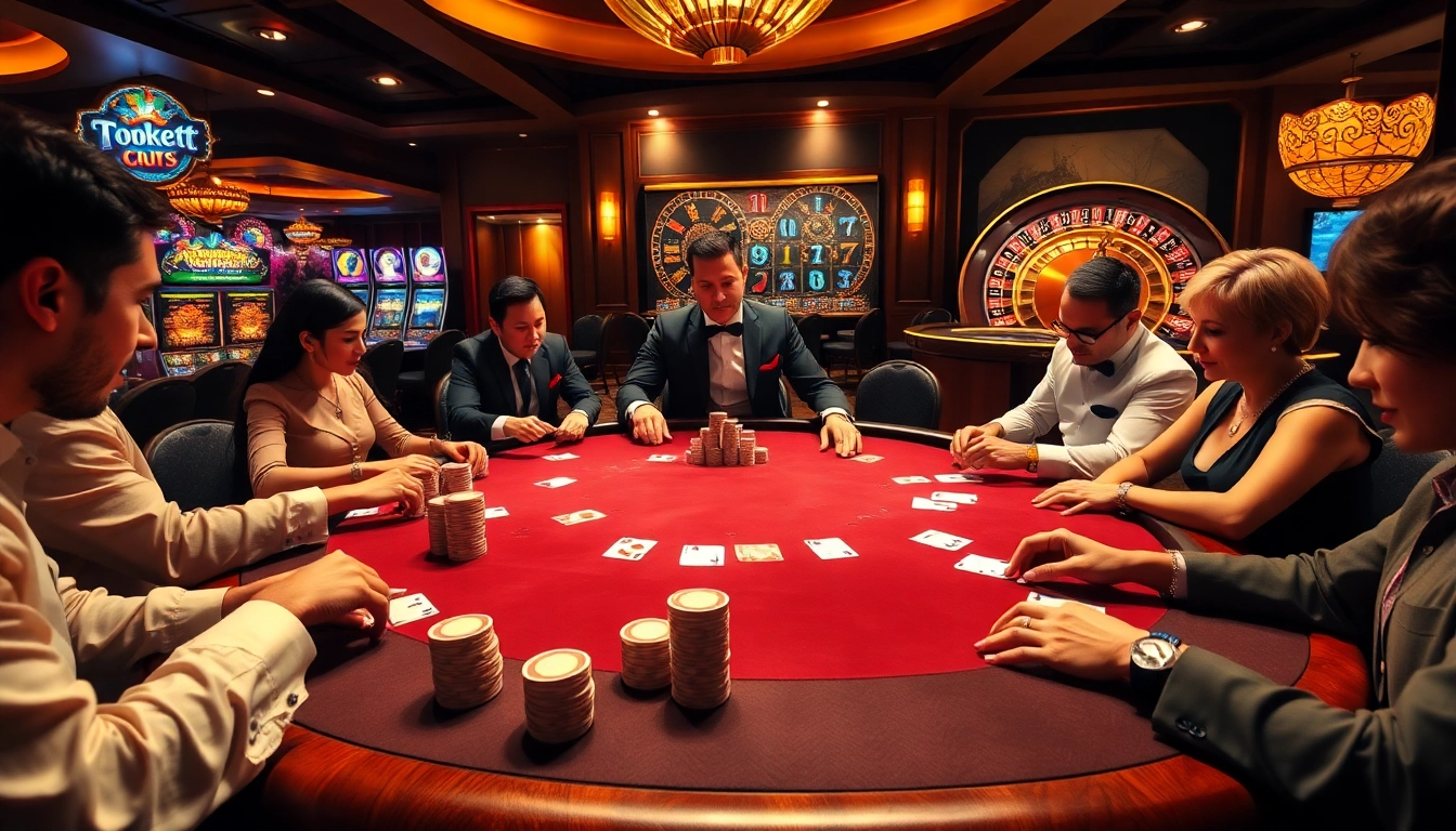 Engaging casino atmosphere with poker players and vibrant slot machines at https://www.qq8886.com/.