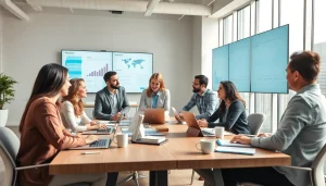 Engaging agency team collaborating in a modern office, showcasing creativity and strategy.