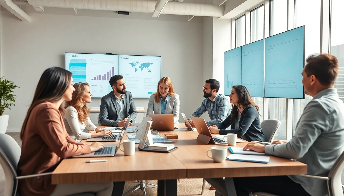 Engaging agency team collaborating in a modern office, showcasing creativity and strategy.