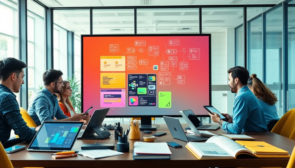 Showcase app development process with a collaborative team in a bright office setting.