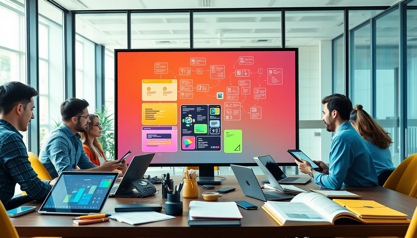 Showcase app development process with a collaborative team in a bright office setting.