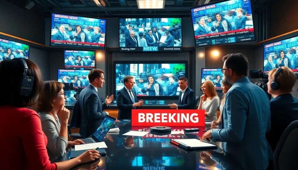 Journalists reporting news at https://newsharbor.com.ua depicting a bustling newsroom atmosphere.