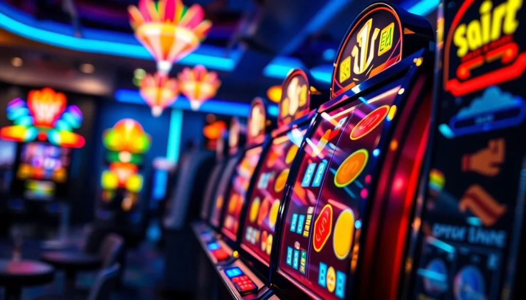 Bermain petanitoto dengan mesin slot yang cerah dan menarik di latar belakang penuh warna.