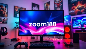 Menampilkan logo zoom188 pada layar komputer dalam pengaturan permainan online yang dinamis.