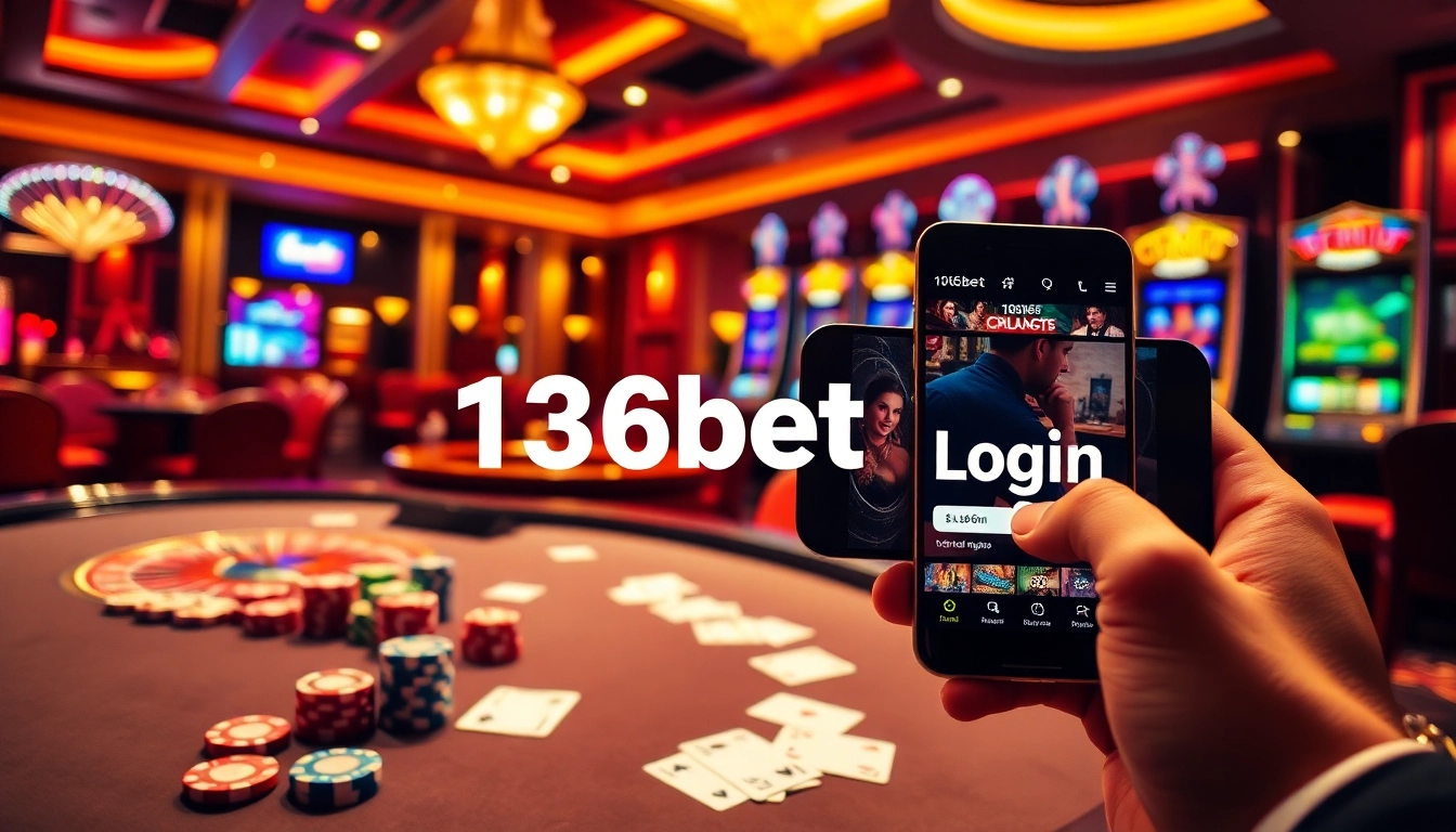 Engage with 136bet Login at an elegant casino with poker tables, chips, and slot machines.