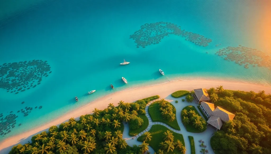 Travel destinations showcasing a sunset-lit tropical island with golden beaches and turquoise waters.