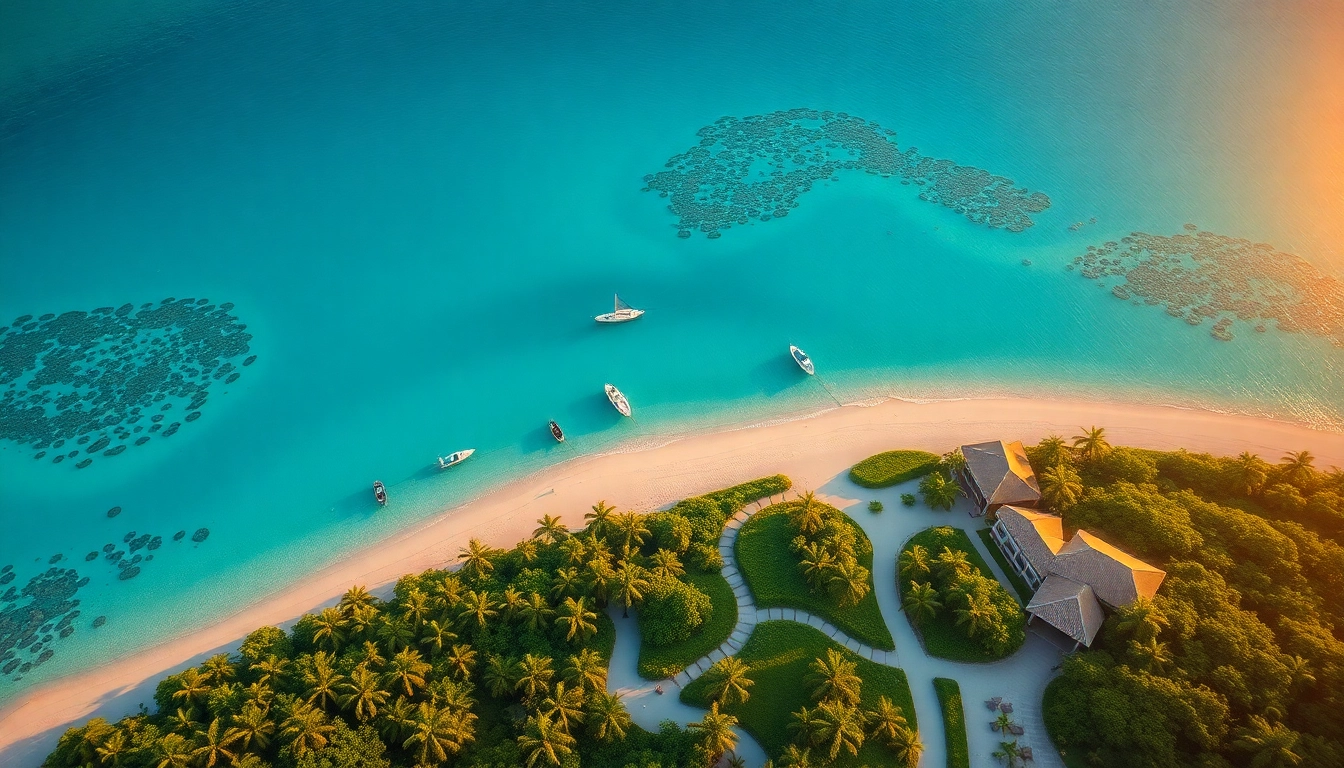 Travel destinations showcasing a sunset-lit tropical island with golden beaches and turquoise waters.