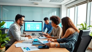 Diverse professionals collaborating using WPS软件 in a modern office environment.