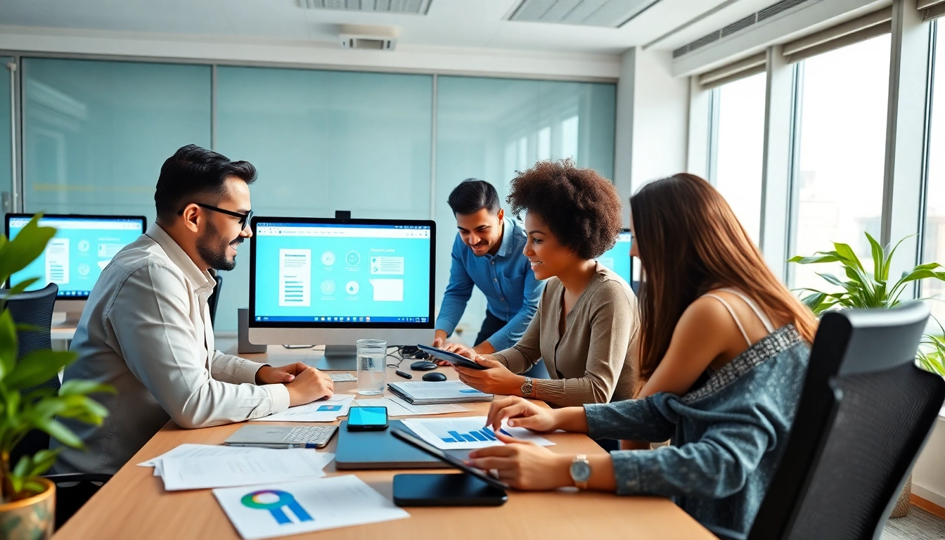 Diverse professionals collaborating using WPS软件 in a modern office environment.