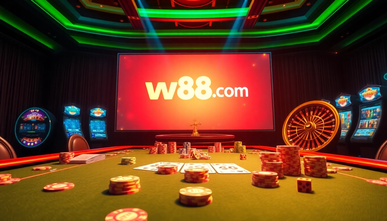 Exciting gaming scene at w88.com with poker chips and roulette wheel, showcasing thrilling online gambling.