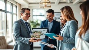 Engaging real estate agent presenting listings to clients in an inviting office environment.