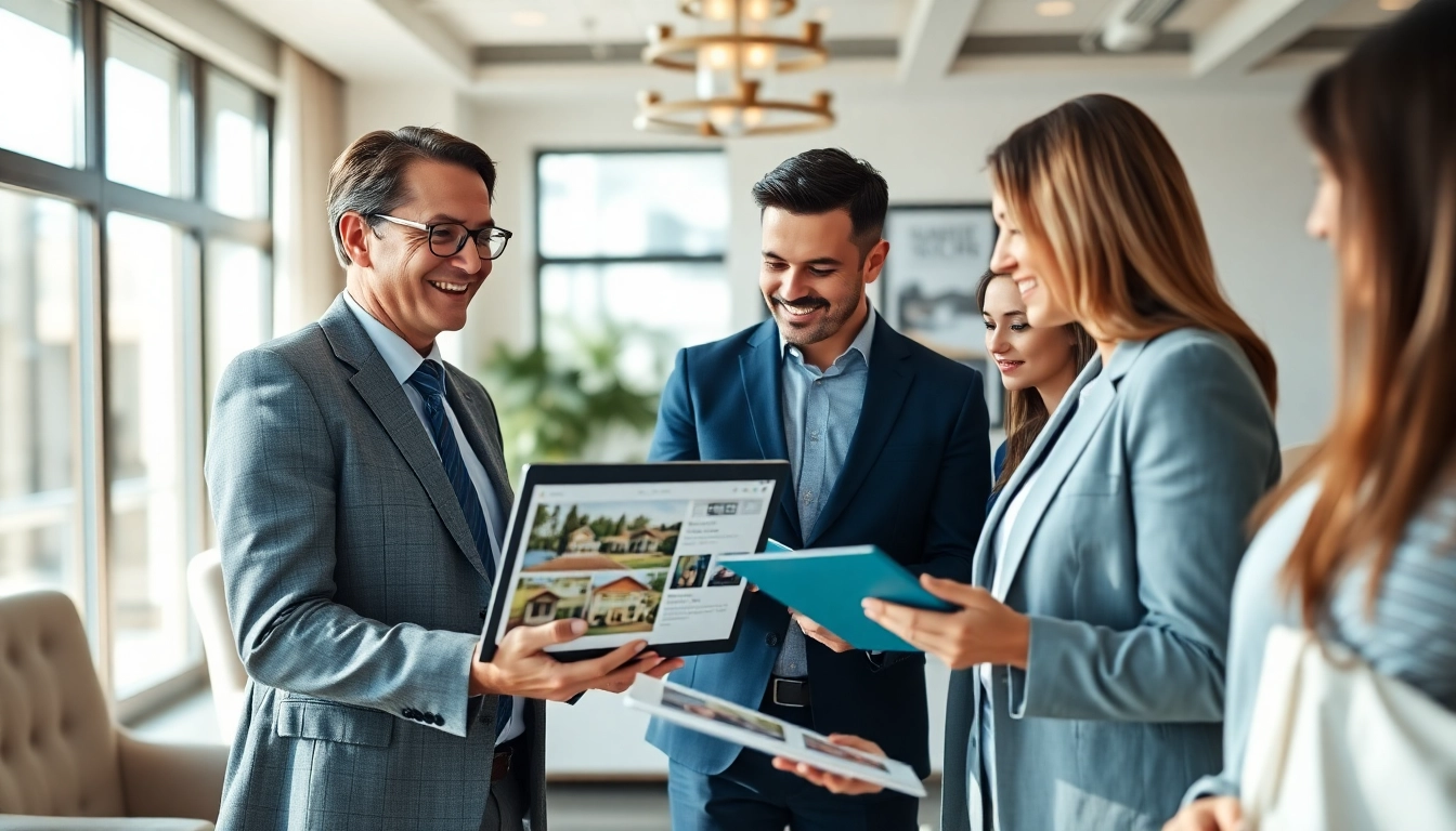Engaging real estate agent presenting listings to clients in an inviting office environment.