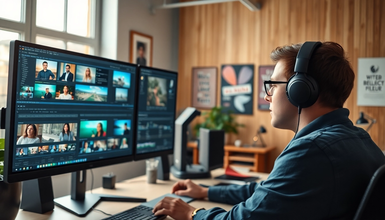 Focused professional video editors working on high-end editing software in a modern workspace.