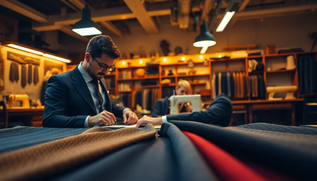 Crafting bespoke custom made suits with tailored precision in a workshop.