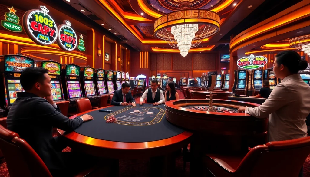 Experience the thrill of online gambling at https://go99.now/ with vibrant casino visuals showcasing poker and slot machines.