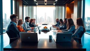 Business professionals collaborating in a modern office setting, emphasizing teamwork and innovation.