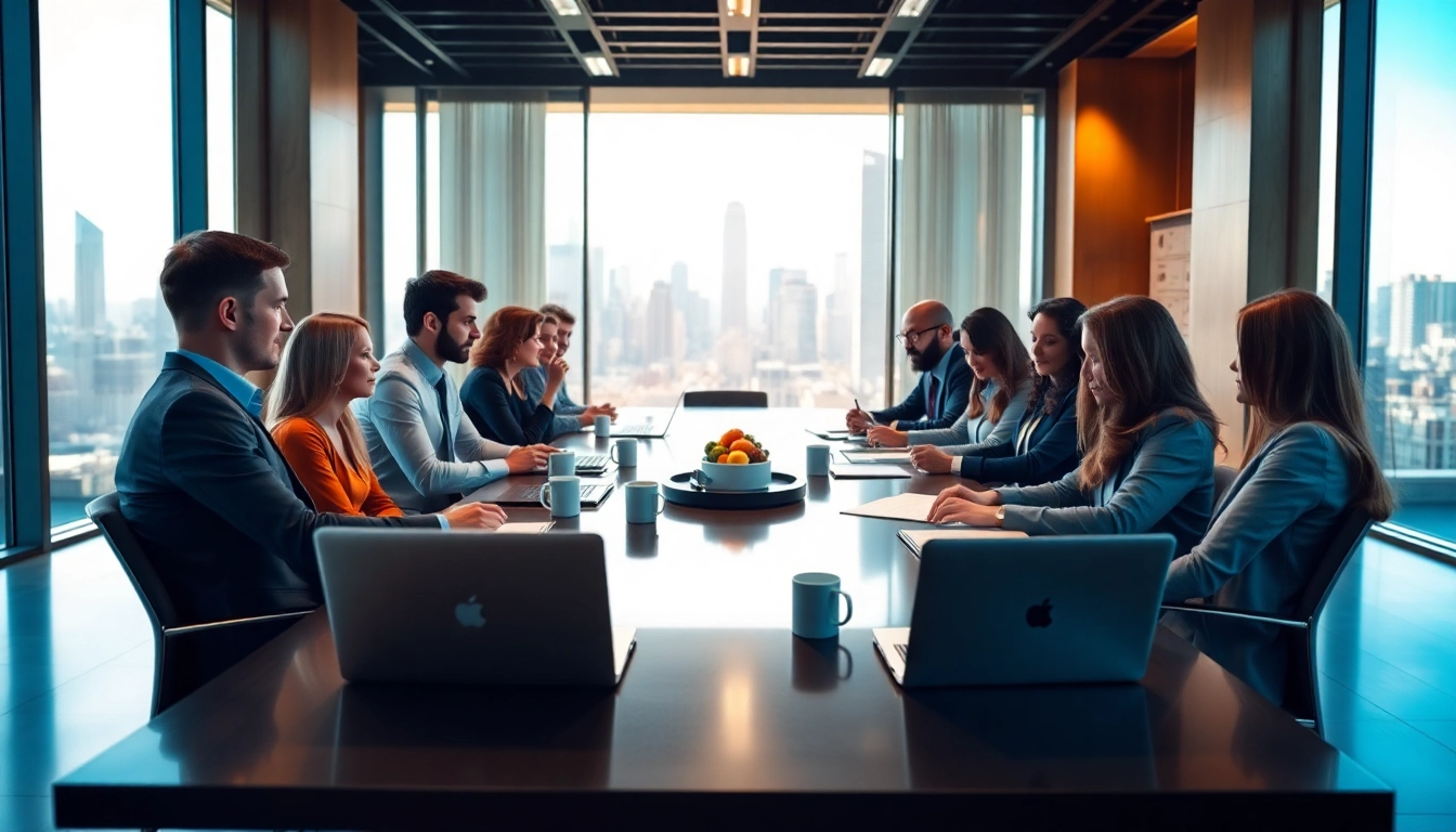 Business professionals collaborating in a modern office setting, emphasizing teamwork and innovation.