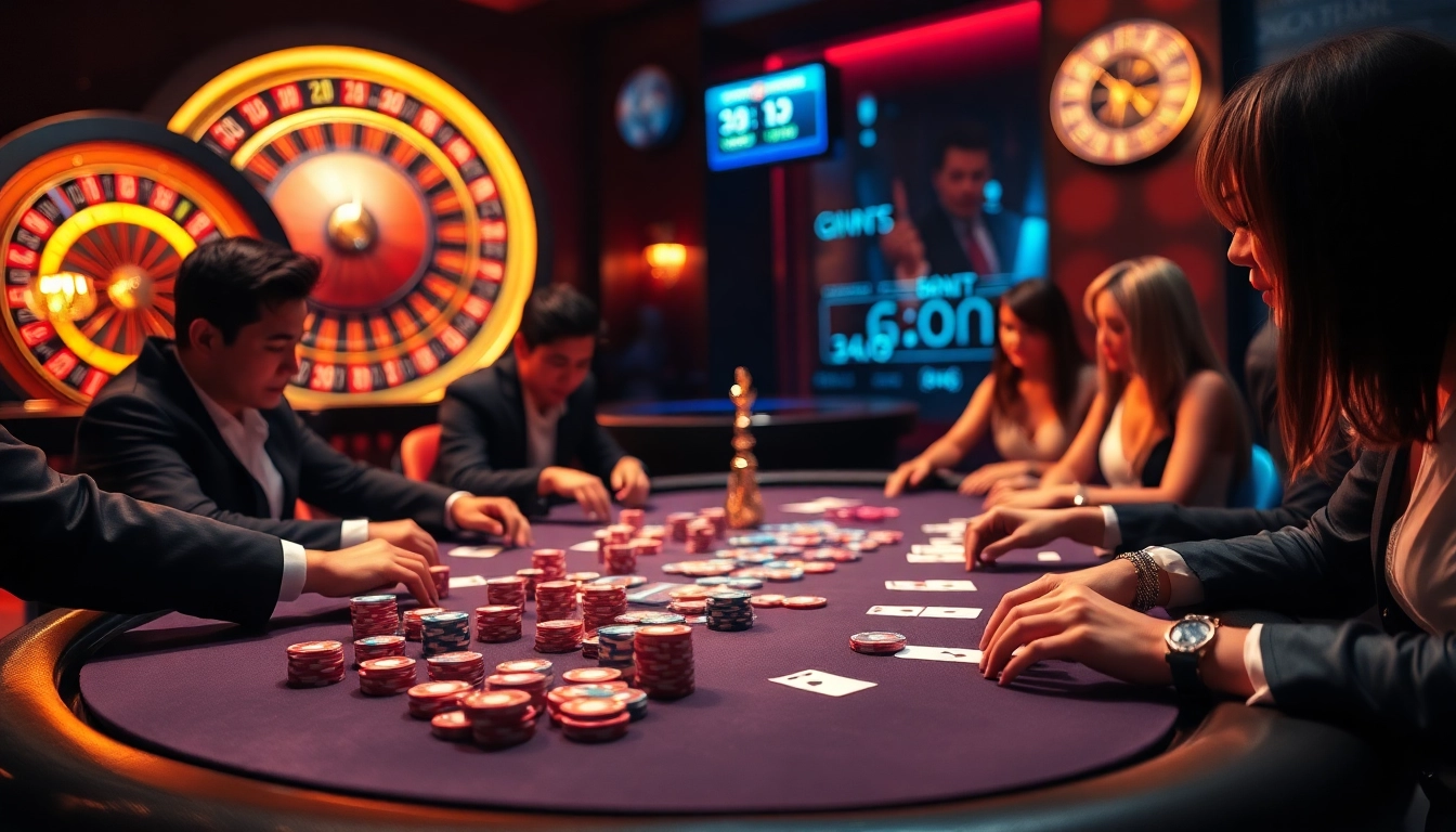 Engaging poker game at win55 com with colorful chips and cards, showcasing excitement and luxury.