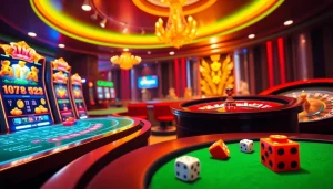 Experience the thrilling world of new66 with vibrant casino elements like poker tables and slot machines.