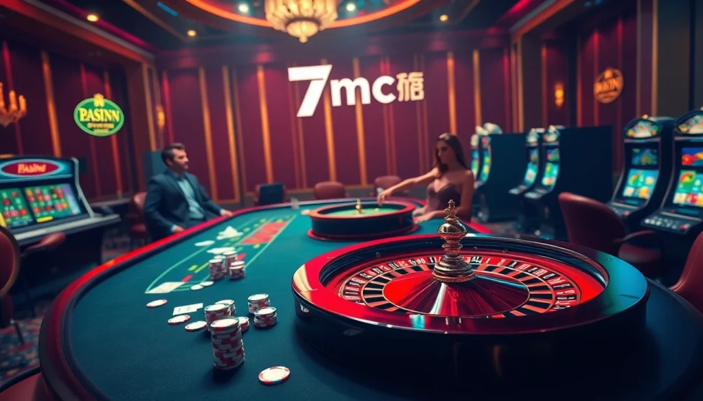 Engaging casino scene showcasing 7mcn branding with roulette, poker players, and slot machines.