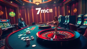 Engaging casino scene showcasing 7mcn branding with roulette, poker players, and slot machines.