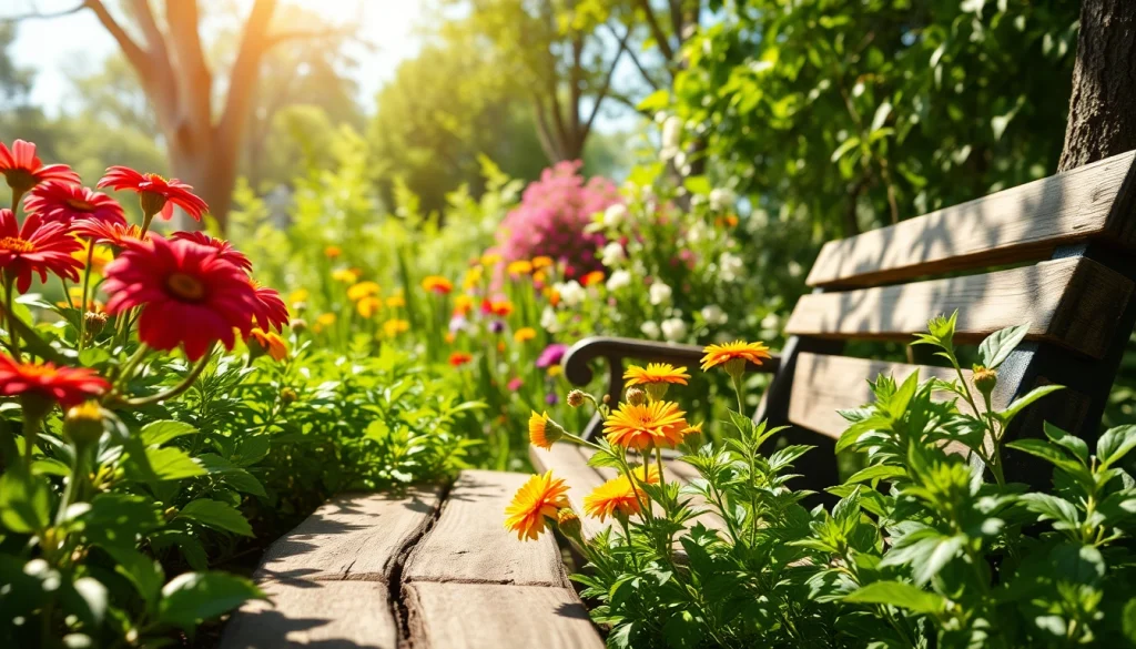 Gardening in a vibrant backyard with blooming flowers and lush greenery inviting tranquility.