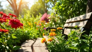 Gardening in a vibrant backyard with blooming flowers and lush greenery inviting tranquility.