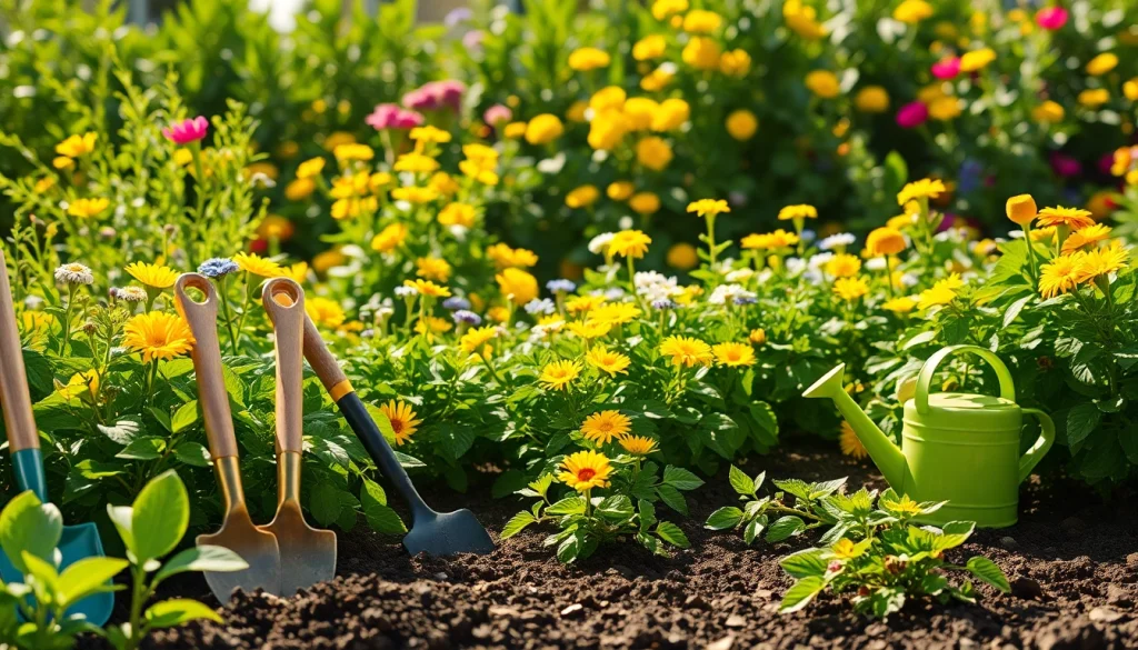 Gardening tools arranged among vibrant plants showcasing various gardening methods.