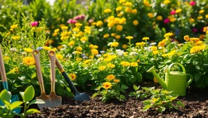 Gardening tools arranged among vibrant plants showcasing various gardening methods.