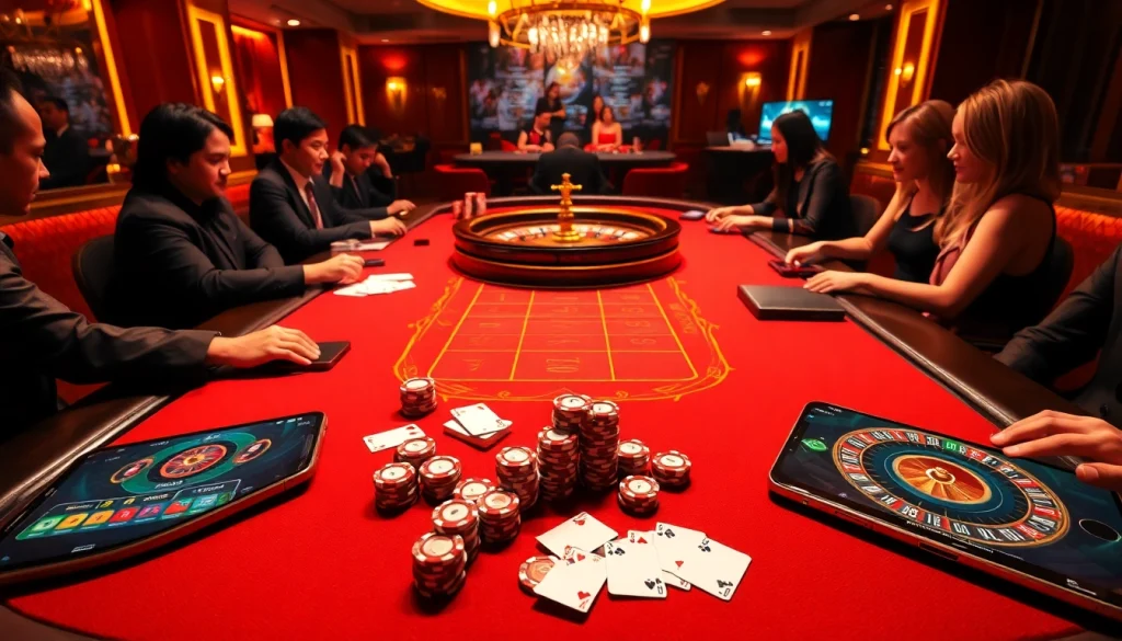 Engaging scene of Trang Chủ MM88 with players at an online casino table, showcasing excitement and luxury.