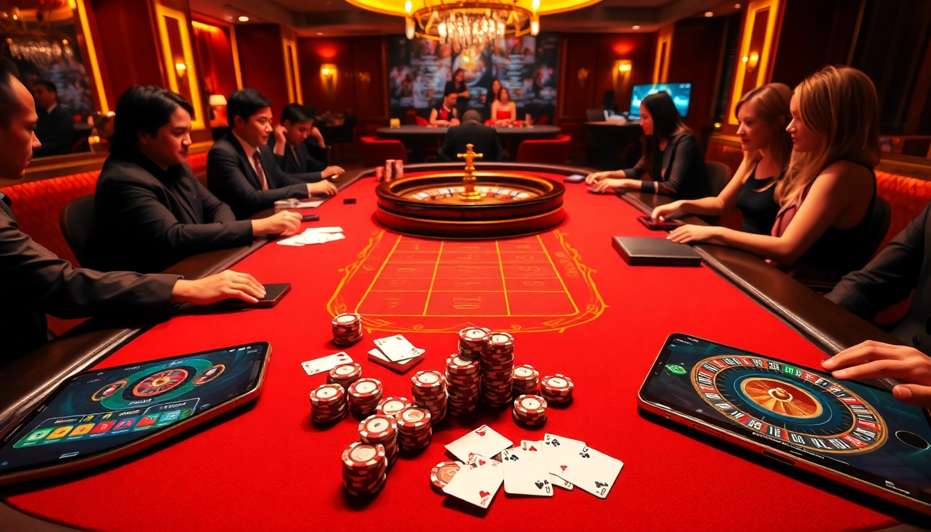 Engaging scene of Trang Chủ MM88 with players at an online casino table, showcasing excitement and luxury.
