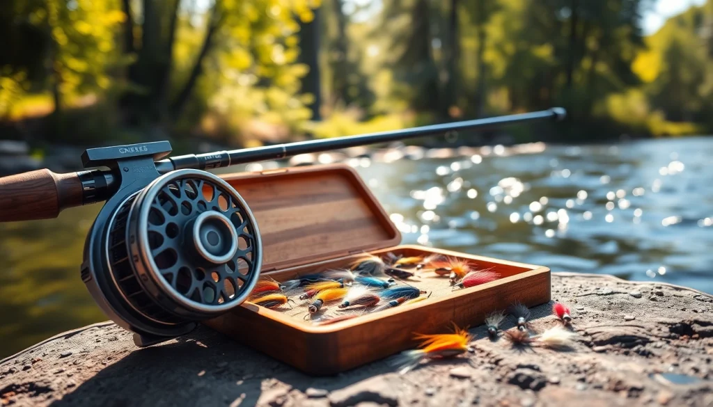 Showcase of a Fly fishing kit with vibrant flies and tackle in a scenic river landscape.