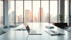 Real Estate office scene with a laptop, brochures, and cityscape view.