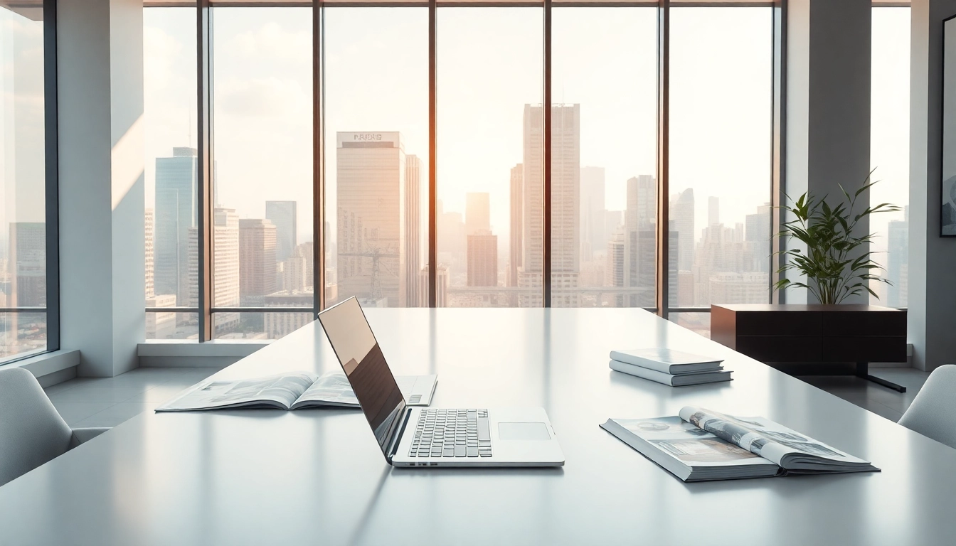 Real Estate office scene with a laptop, brochures, and cityscape view.