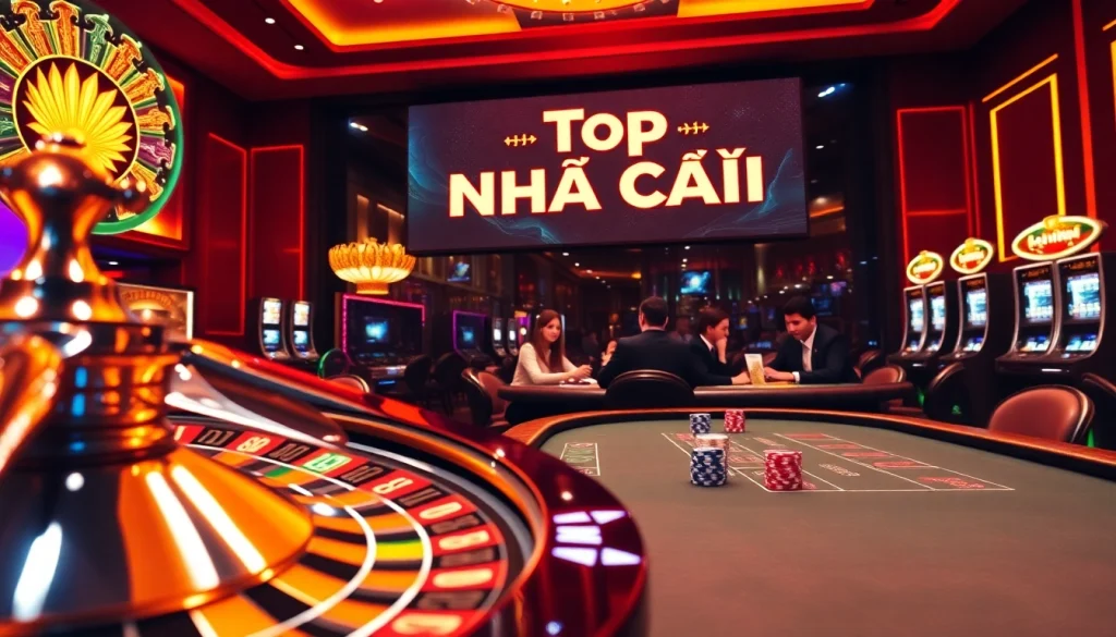 Engaging scene of top nhà cái with roulette wheel and poker chips, highlighting an exciting casino atmosphere.