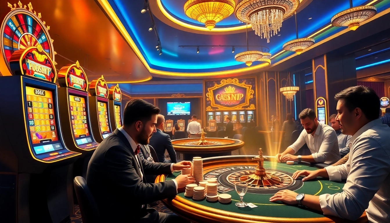 33win con showcases lively casino action with players at poker and slot machines.