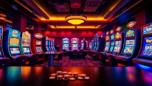 Menampilkan permainan slot walettoto yang menarik dengan grafis warna-warni dan suasana kasino.