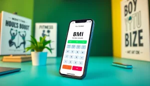 Using a bmi calculator on a smartphone in a vibrant fitness workspace.
