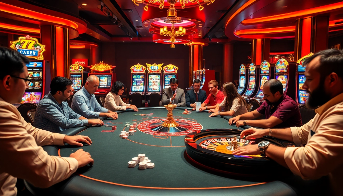 A lively poker game at 79king org with players, chips, cards, and roulette wheel in a luxurious casino.