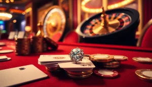 Displaying an exquisite diamond engagement ring symbolizing 鑽戒價格 amidst a vibrant casino scene with poker chips and cards.