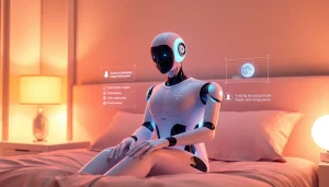 AI sex companion in a modern bedroom, showcasing innovative technology and intimacy