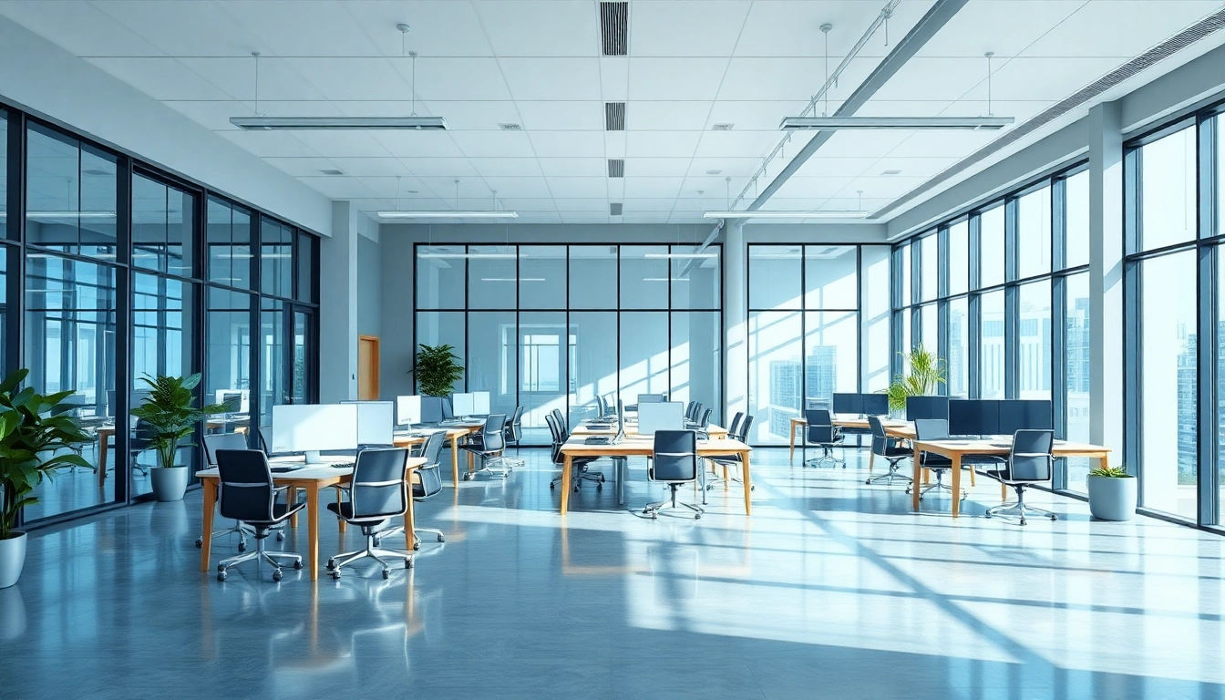 Showcase of industrial leasing office with modern design and natural light.