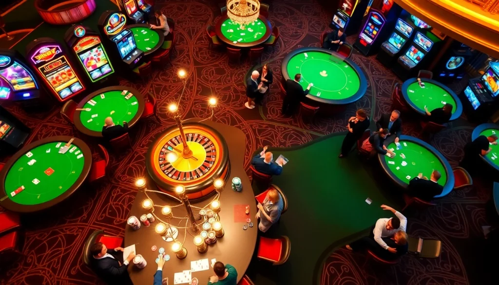 Experience the excitement of F168 with vibrant casino tables, lively players, and dynamic slot machines.