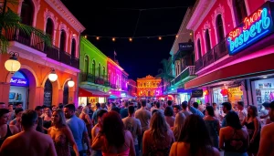 Experience the vibrant san juan party scene with joyous dancers amidst neon lights.